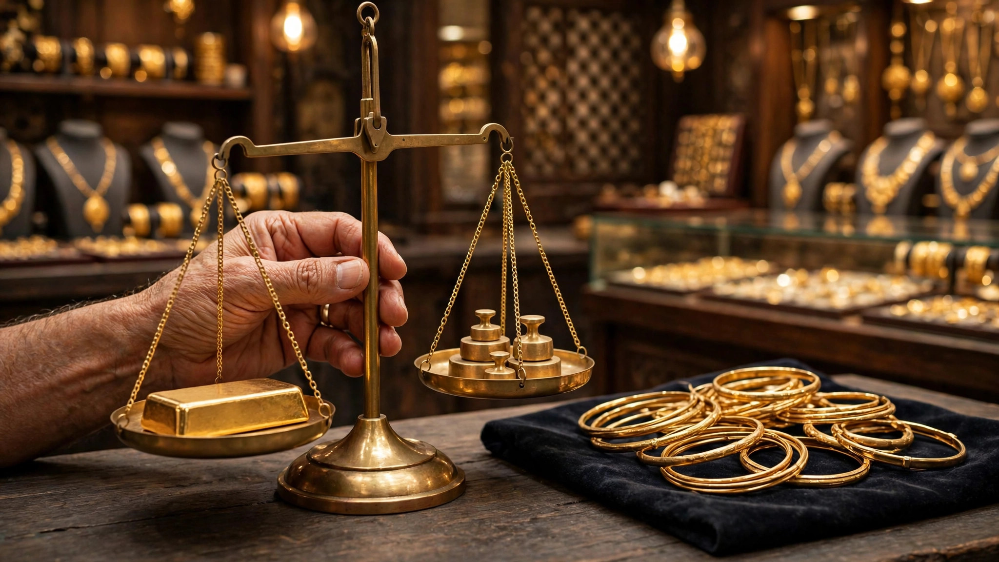Jeweller weighing a 24 karat gold bar on a brass scale beside 22 karat gold bangles in a Dubai Gold Souk shop
