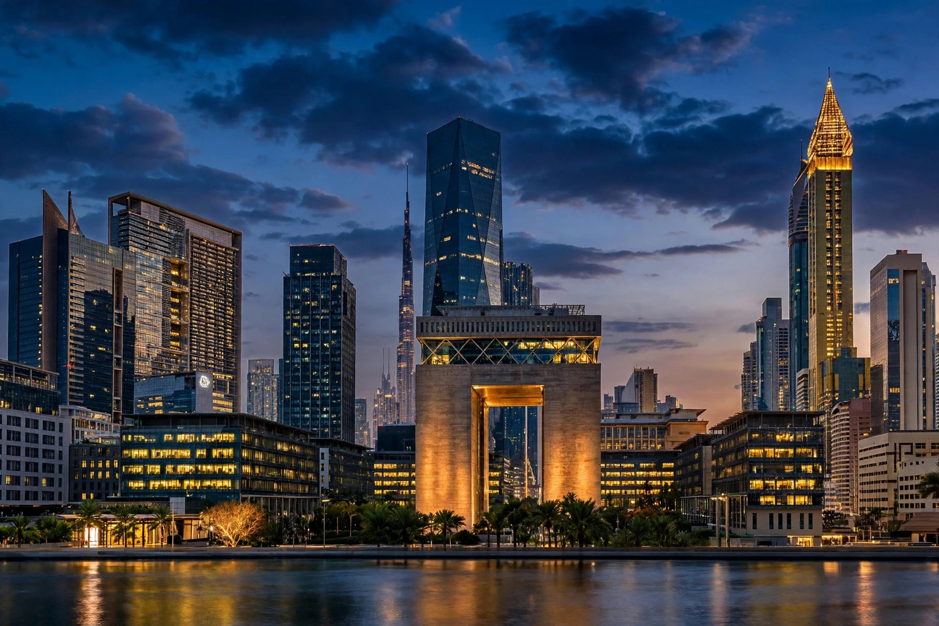 Modern Dubai bank towers at dusk