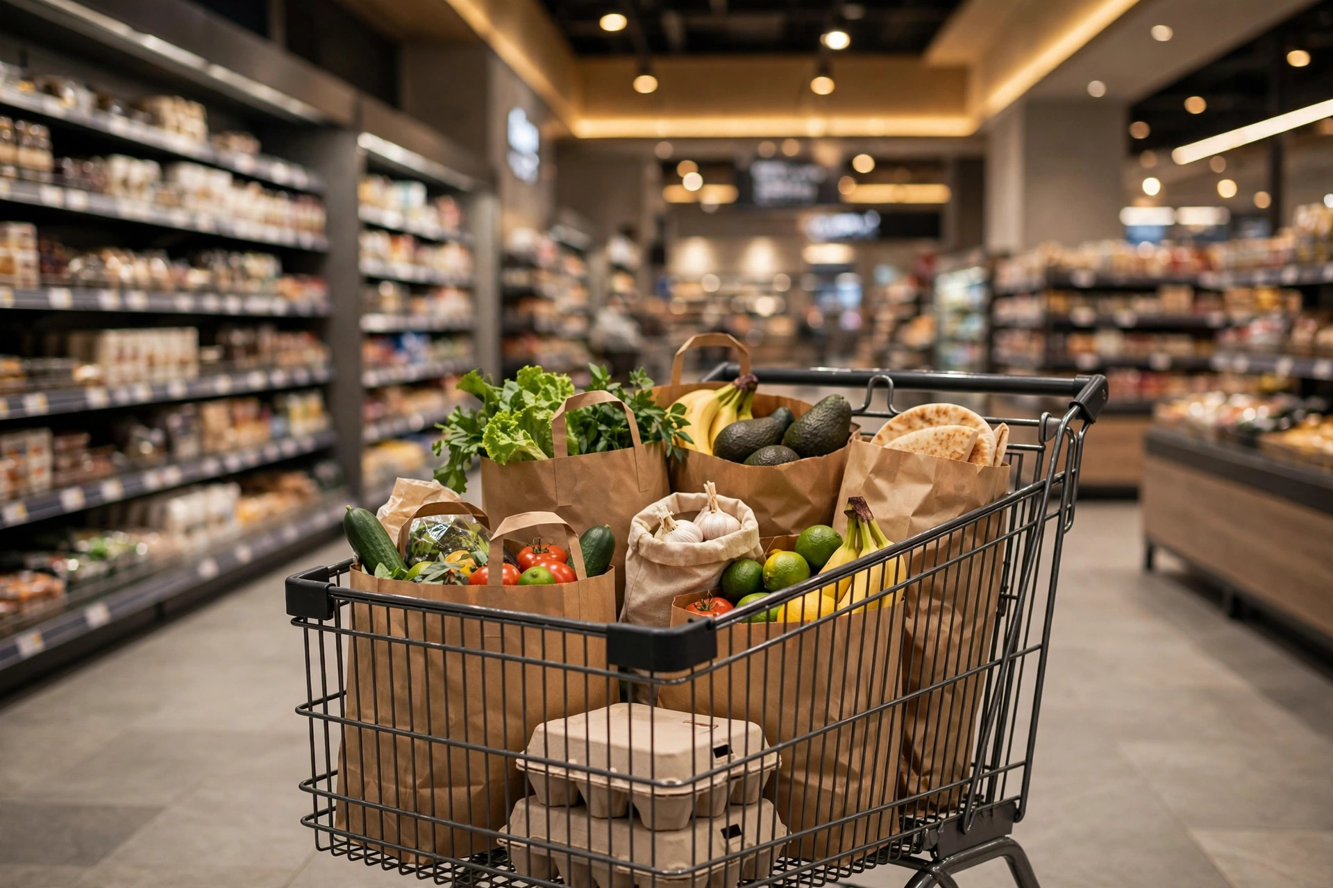 Shopping cart with grocery bags in a Dubai supermarket aisle