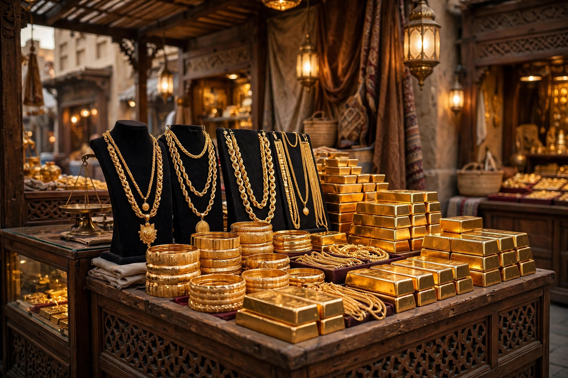 Gold jewellery and bars at a Dubai Gold Souk stall