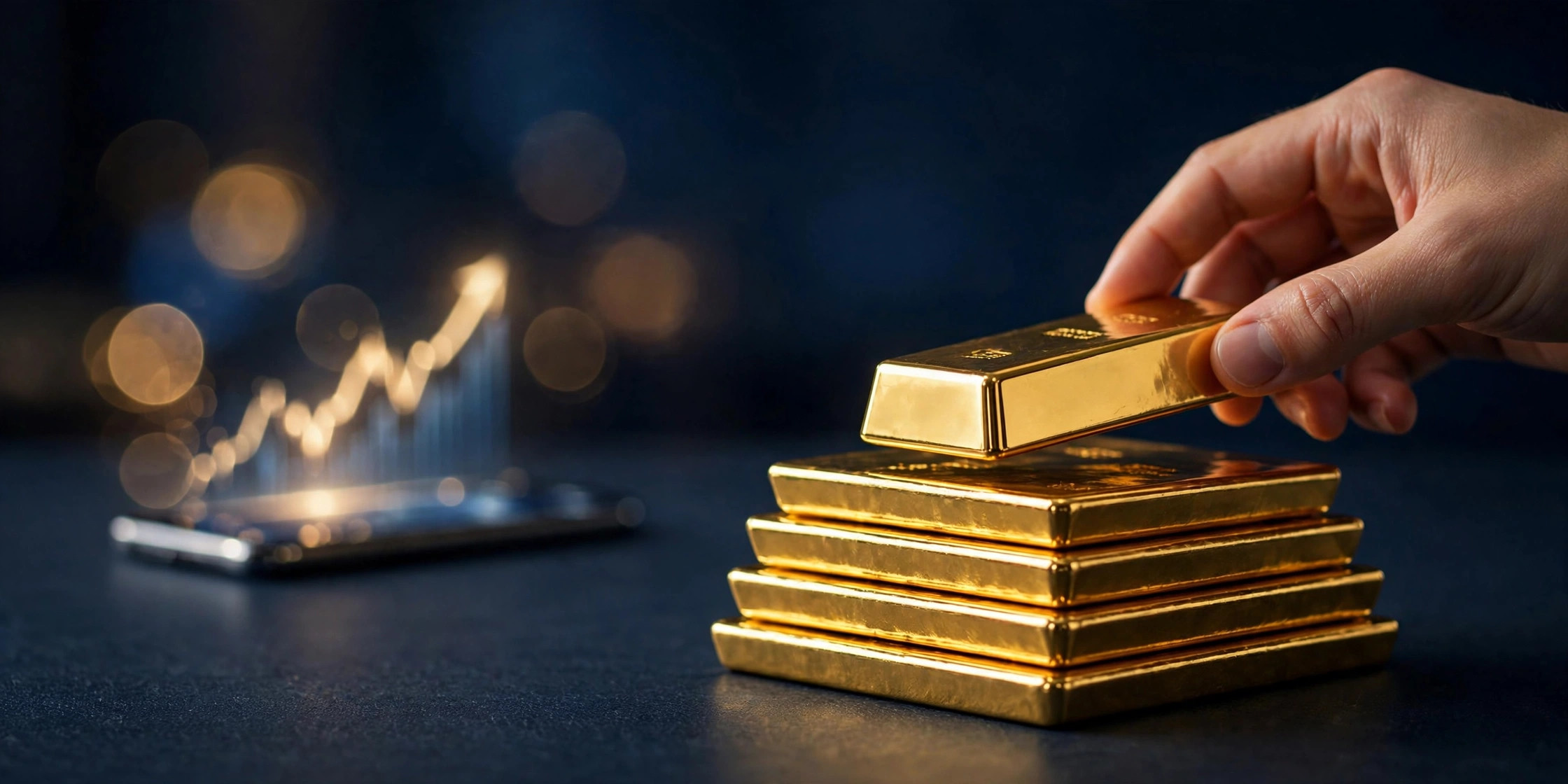 يد تضع سبيكة ذهب على كومة سبائك مع تطبيق تداول ضبابي على هاتف ذكي خلفه