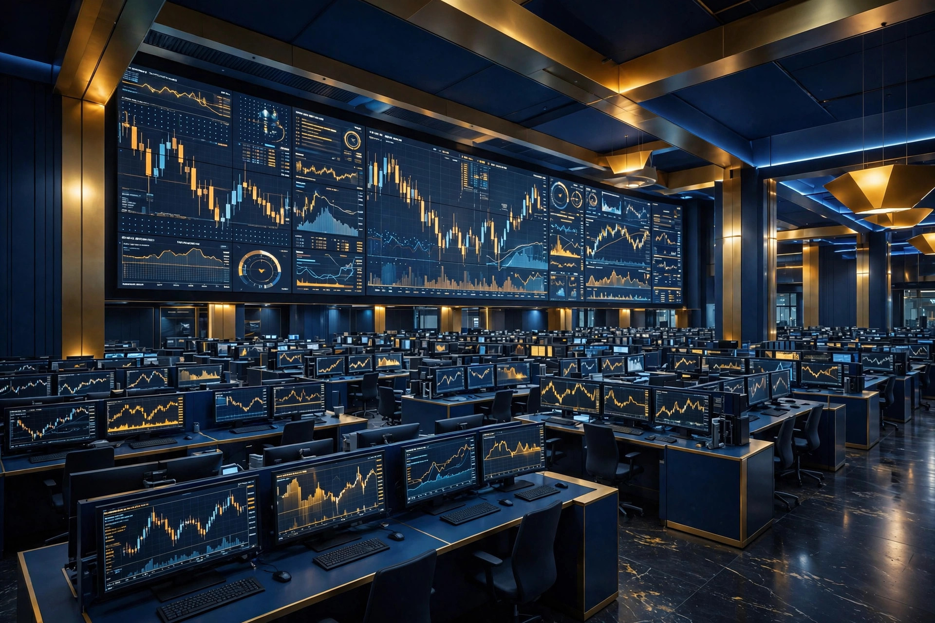 Stock exchange trading board with candlestick charts