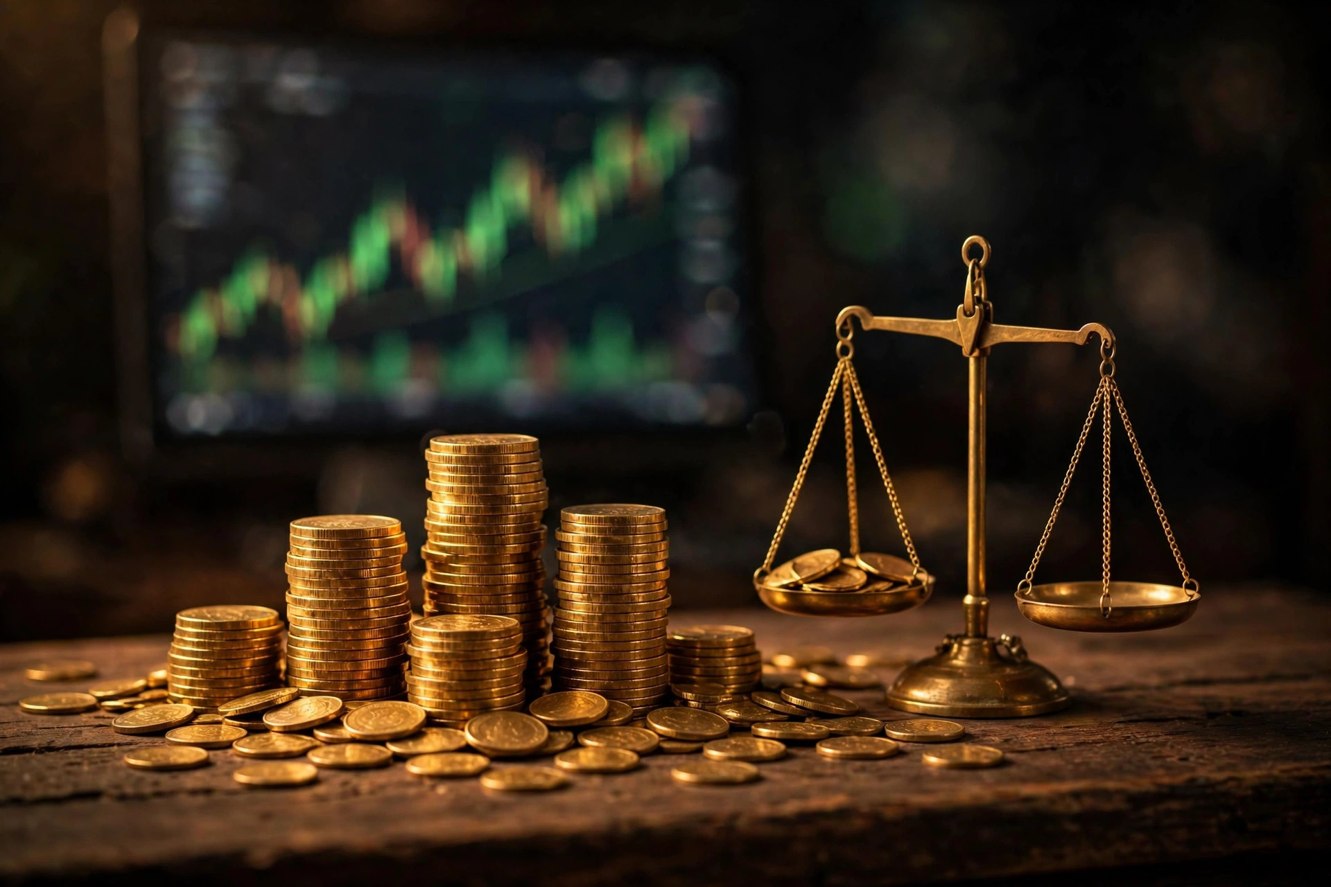 Stacks of golden coins and a brass scale with a blurred rising stock chart behind