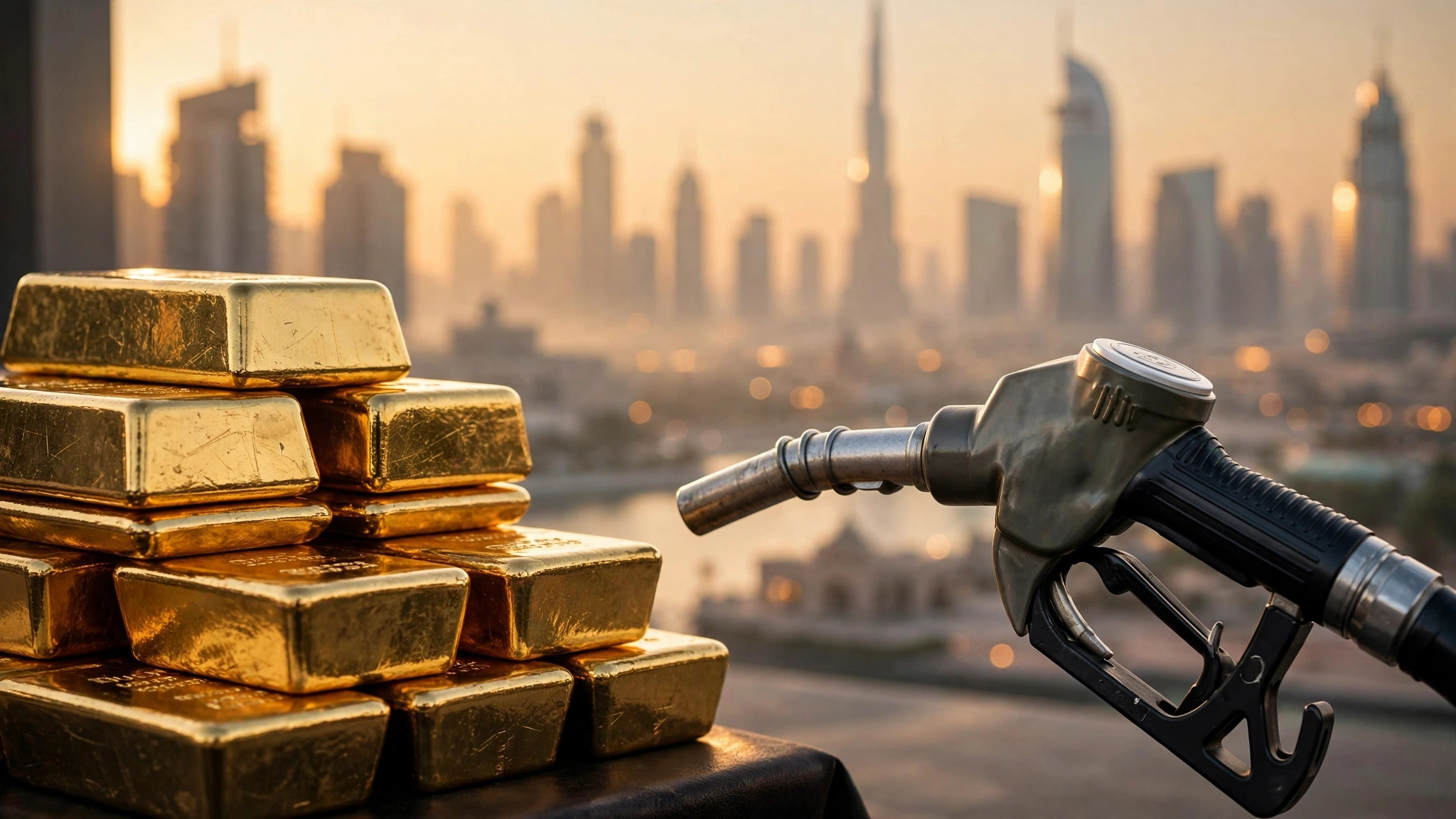 سبائك ذهب وفوهة مضخة وقود مع أفق دبي عند الشروق