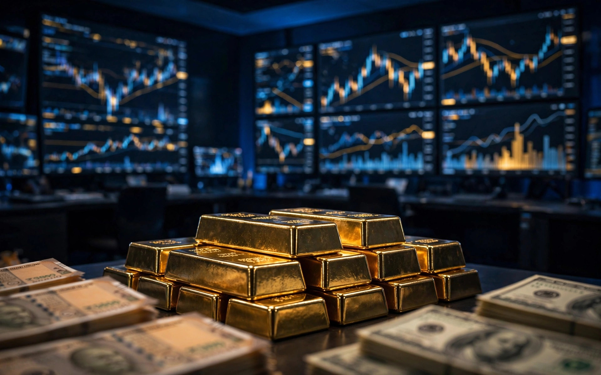 شاشات تداول مع سبائك ذهب وأوراق روبية ودولار