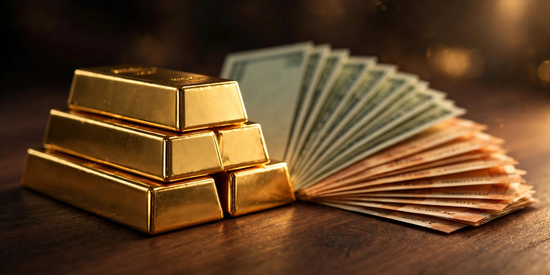 Gold bars stacked beside US dollar and Indian rupee banknotes on dark wood