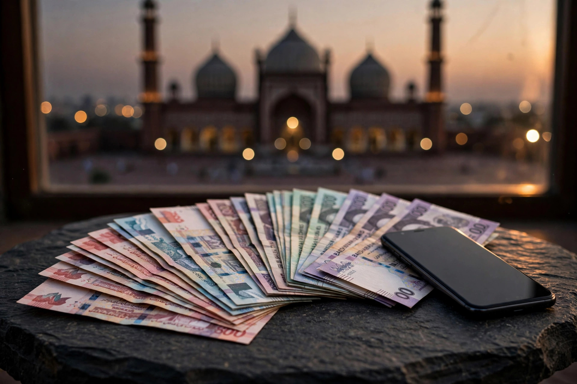 UAE dirham and Pakistani rupee banknotes with a smartphone beside them, Badshahi Mosque at dusk behind