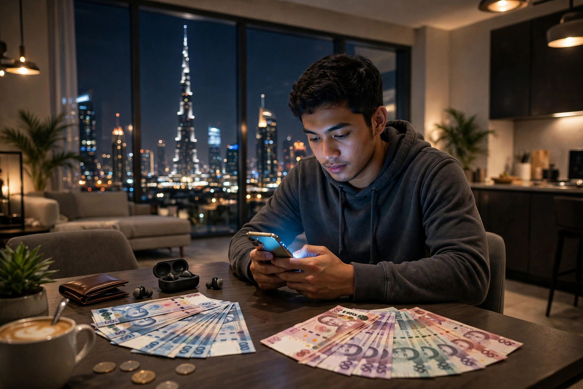 Filipino expat in Dubai sending money home by smartphone with peso and dirham notes on the table