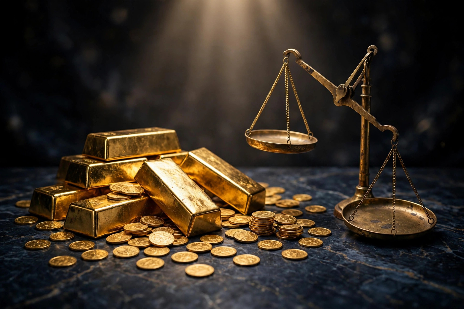 Gold bars and coins on dark marble beside a brass balance scale