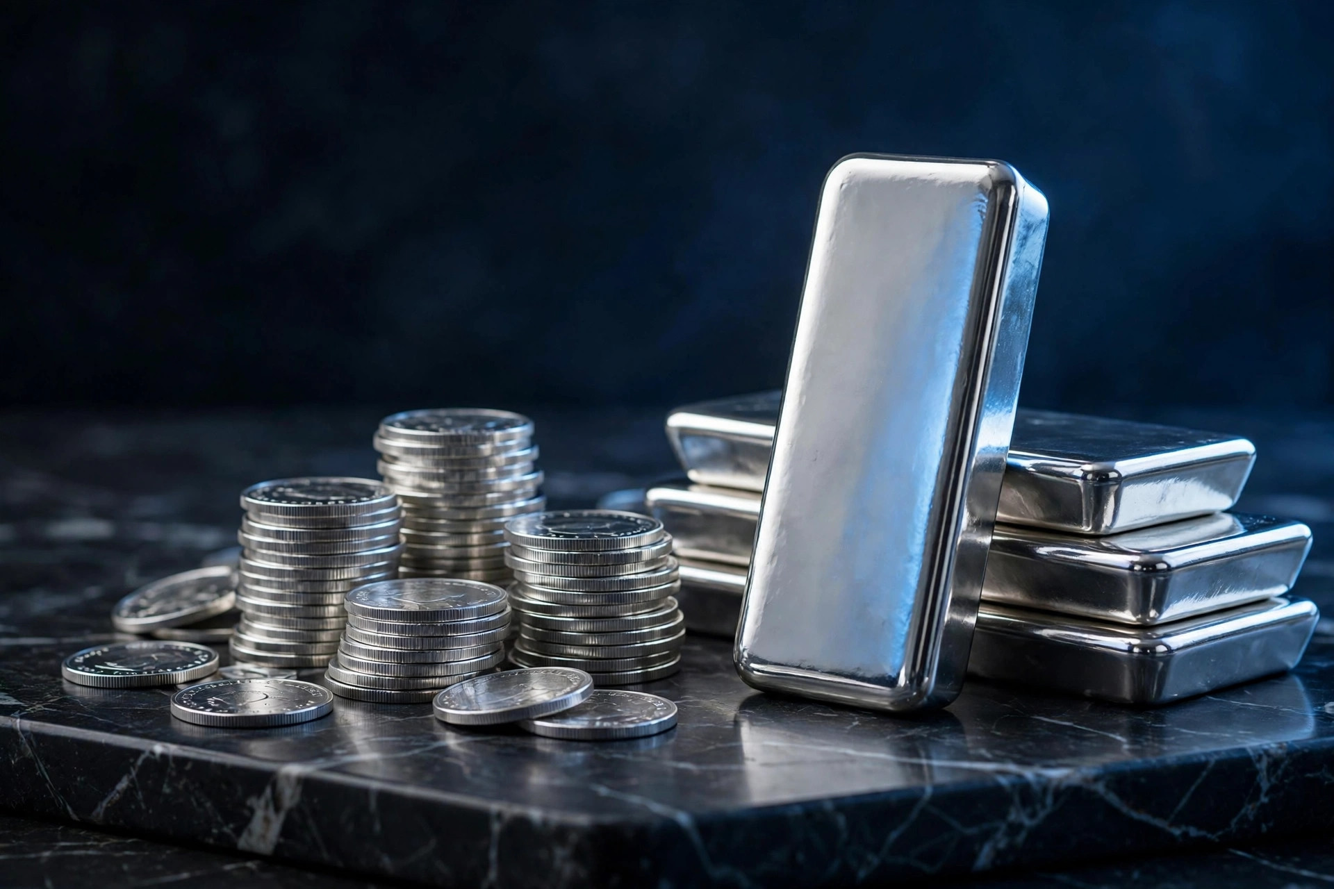 Polished silver bars and coins stacked on dark marble