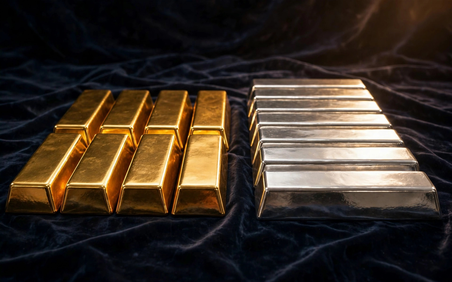 Gold and silver bars side by side on dark velvet