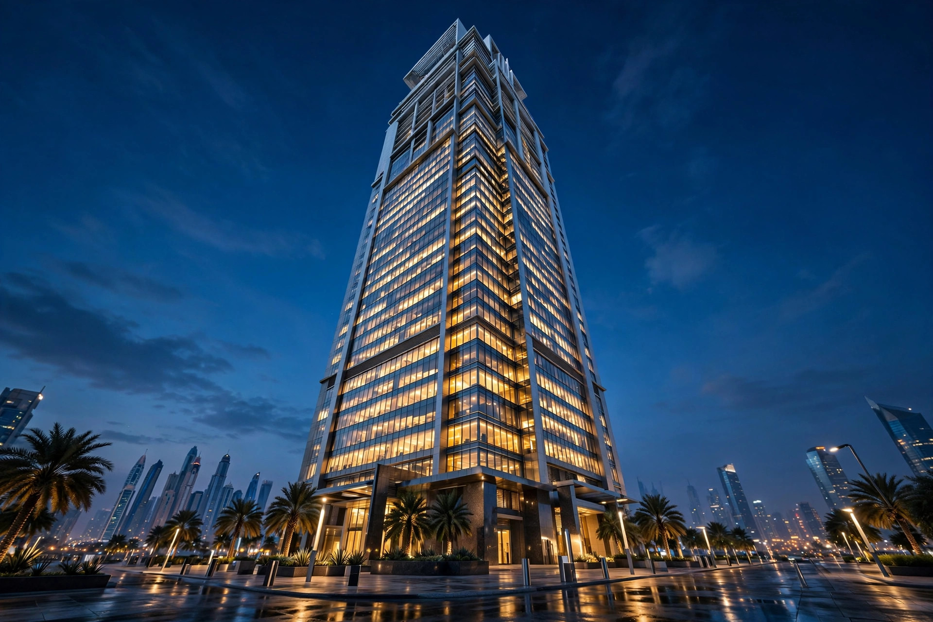 Modern glass bank tower in Dubai at blue hour