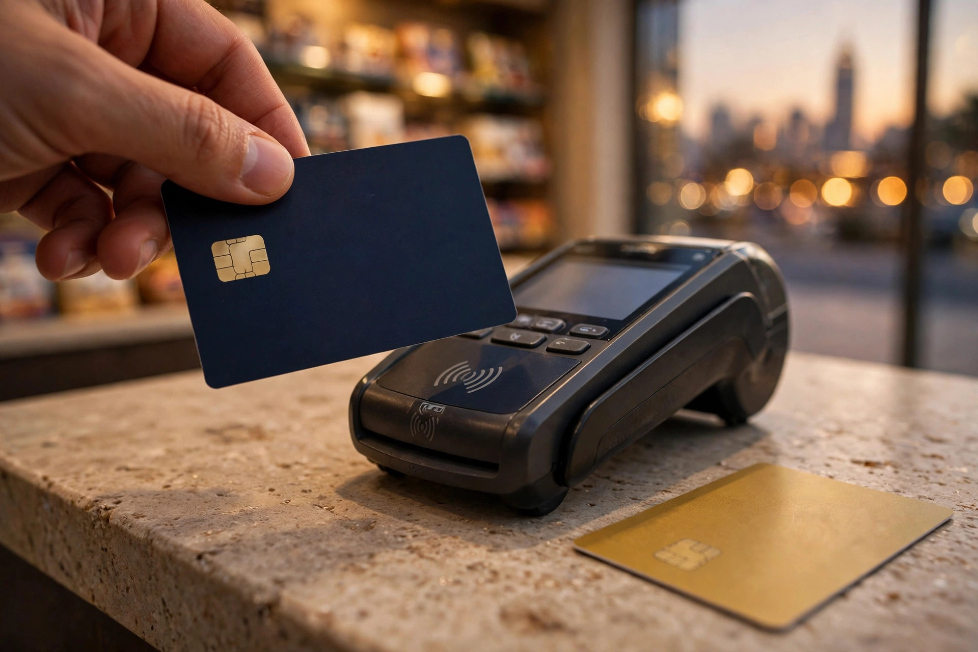 Hand holding a navy bank card at a payment terminal in Dubai with a gold card on the counter