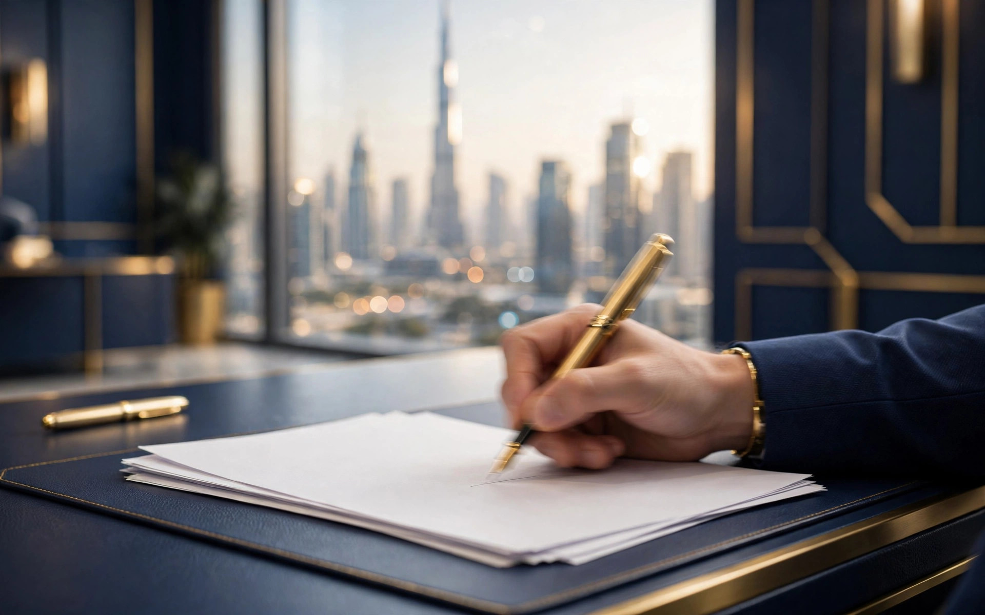 Signing loan documents at a modern UAE bank desk