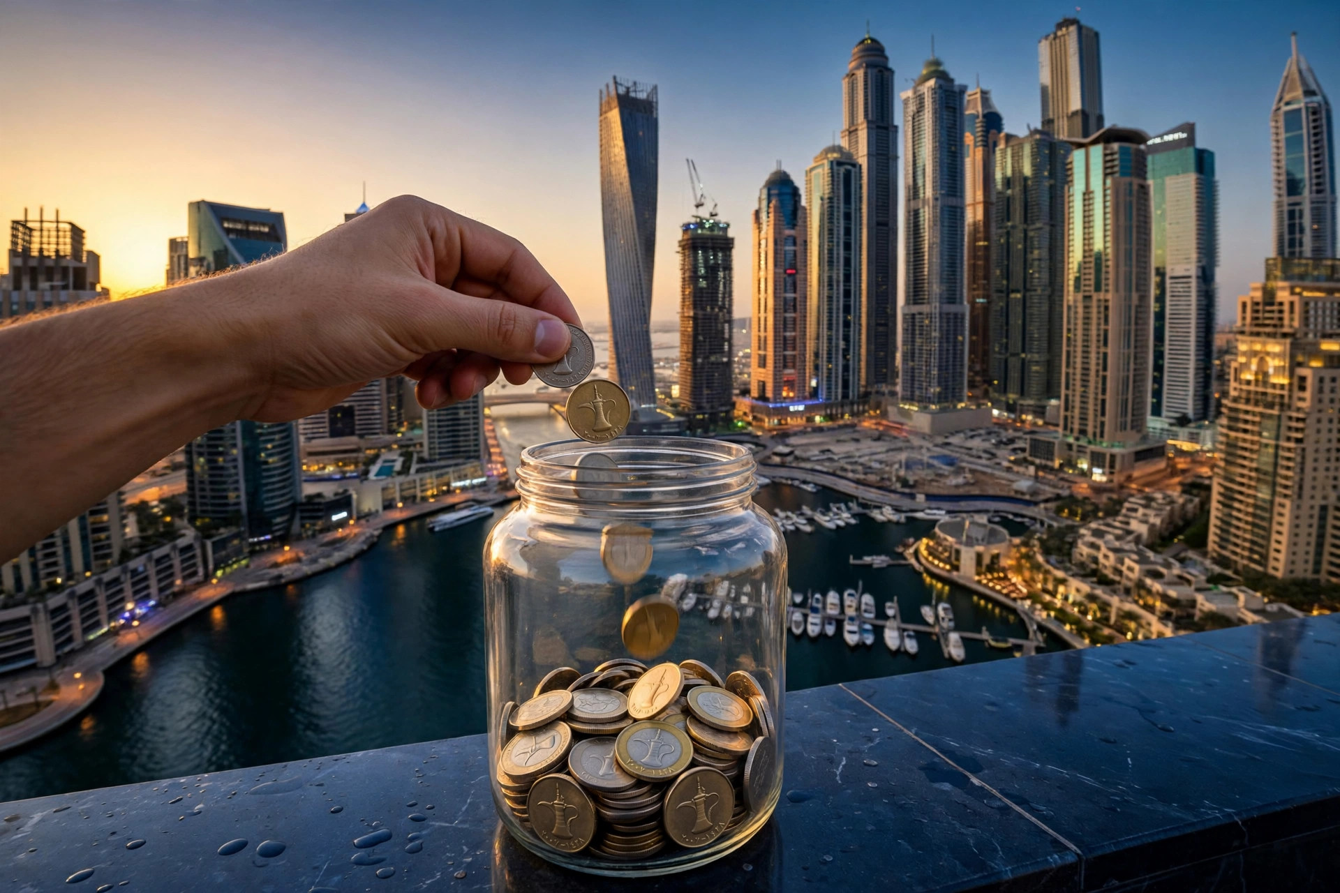 Hand dropping UAE dirham coins into a glass savings jar against the Dubai Marina skyline at sunset
