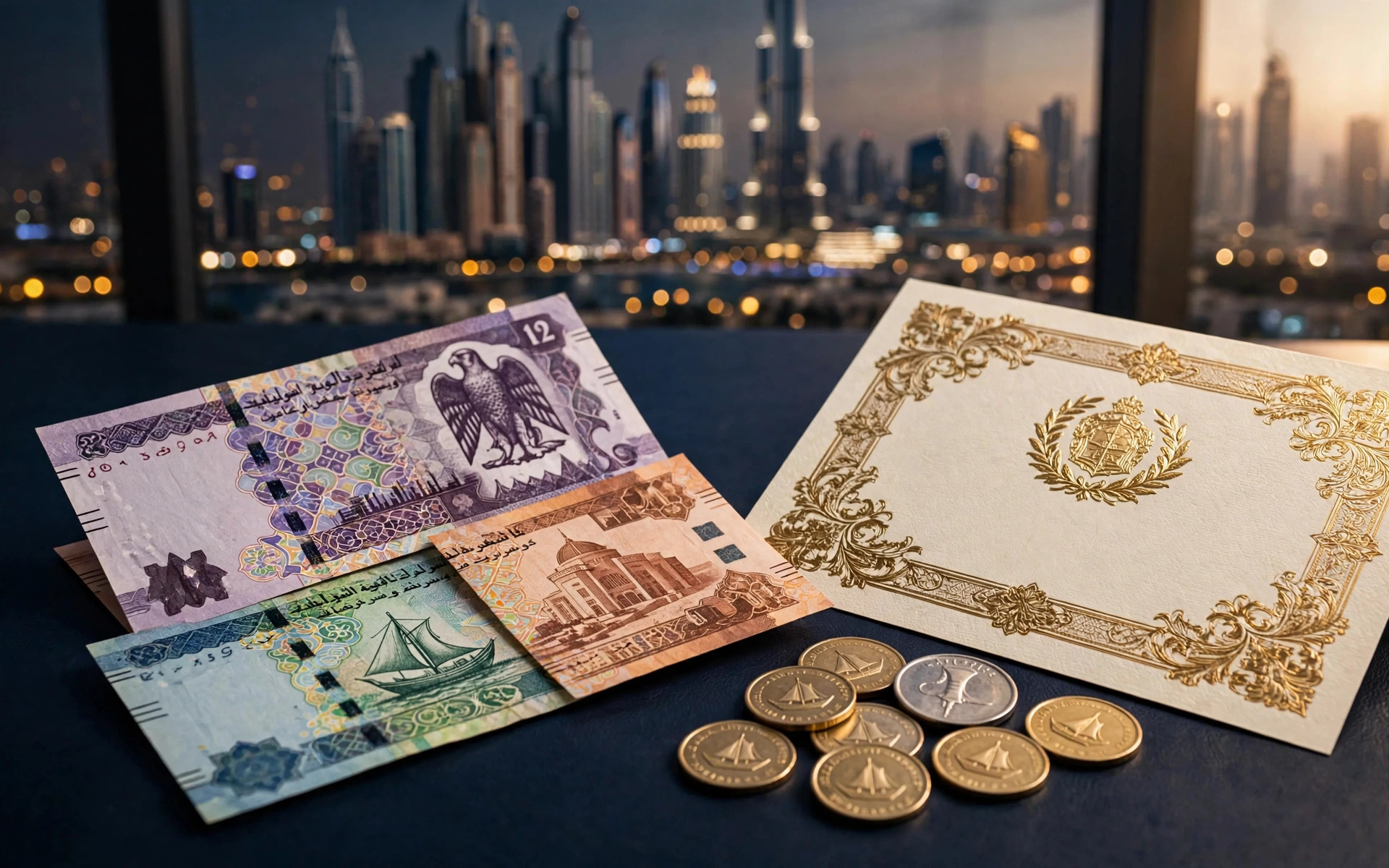 UAE dirham banknotes beside a gold-embossed investment certificate